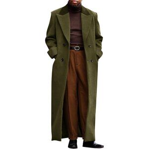 Mens Army Green Full Length Trench Coat Double Breasted Classic Winter Overcoat